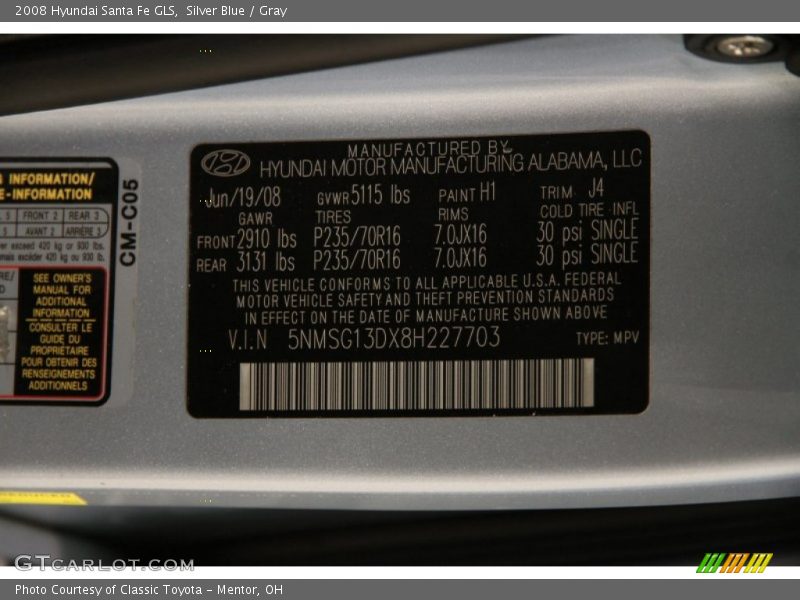 Silver Blue / Gray 2008 Hyundai Santa Fe GLS