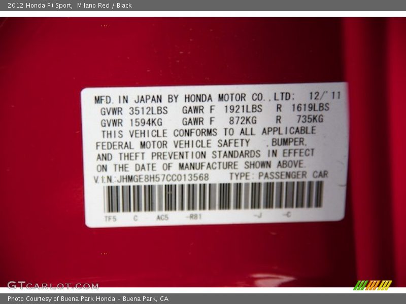 Milano Red / Black 2012 Honda Fit Sport