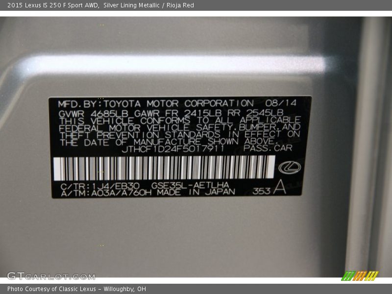 2015 IS 250 F Sport AWD Silver Lining Metallic Color Code 1J4