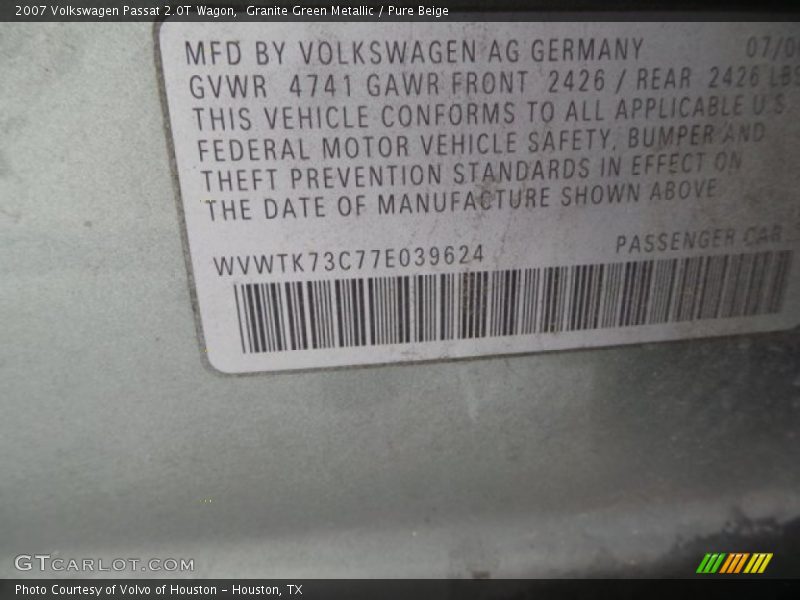 Granite Green Metallic / Pure Beige 2007 Volkswagen Passat 2.0T Wagon