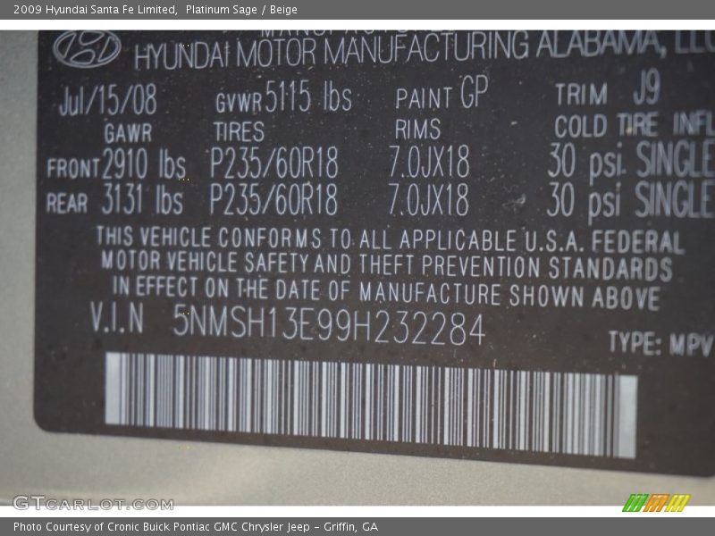 Platinum Sage / Beige 2009 Hyundai Santa Fe Limited