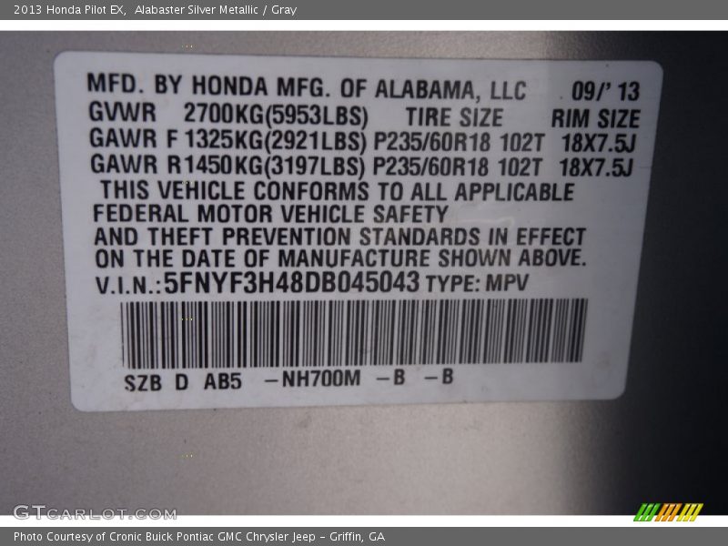 Alabaster Silver Metallic / Gray 2013 Honda Pilot EX