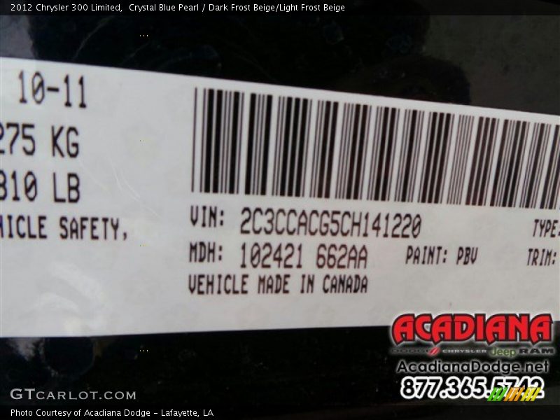 Crystal Blue Pearl / Dark Frost Beige/Light Frost Beige 2012 Chrysler 300 Limited