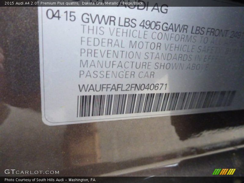 Dakota Gray Metallic / Beige/Black 2015 Audi A4 2.0T Premium Plus quattro