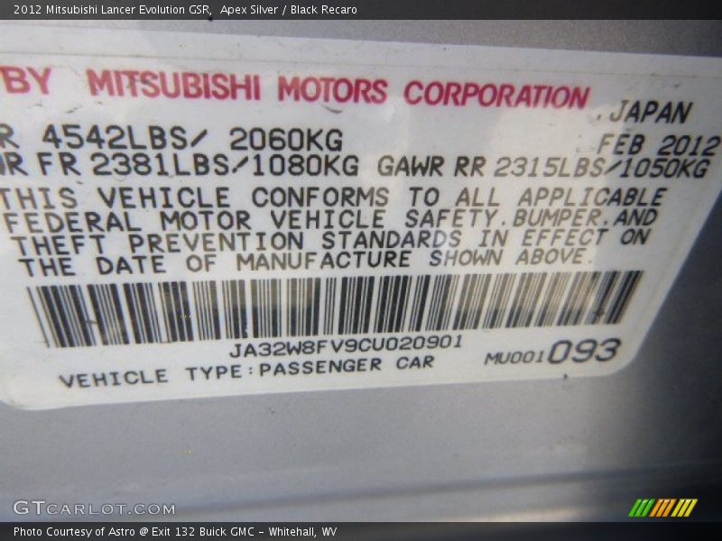 Apex Silver / Black Recaro 2012 Mitsubishi Lancer Evolution GSR