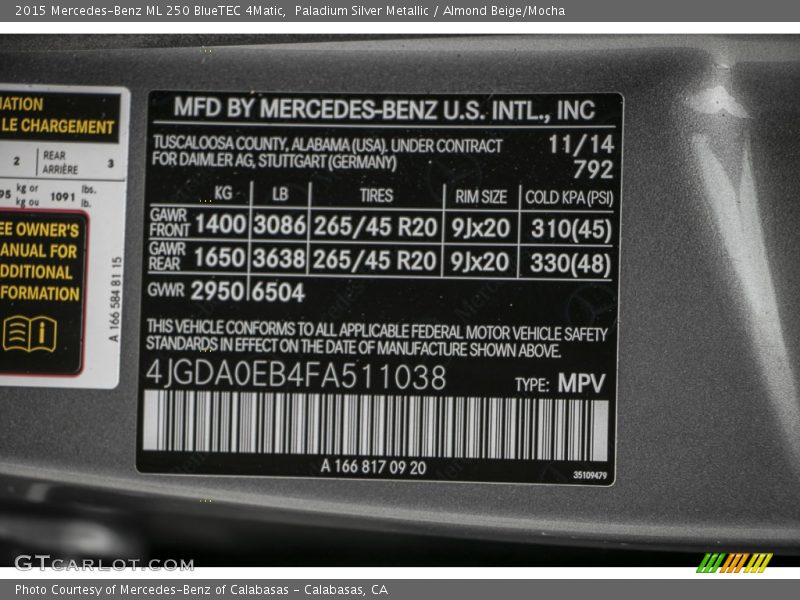 Paladium Silver Metallic / Almond Beige/Mocha 2015 Mercedes-Benz ML 250 BlueTEC 4Matic