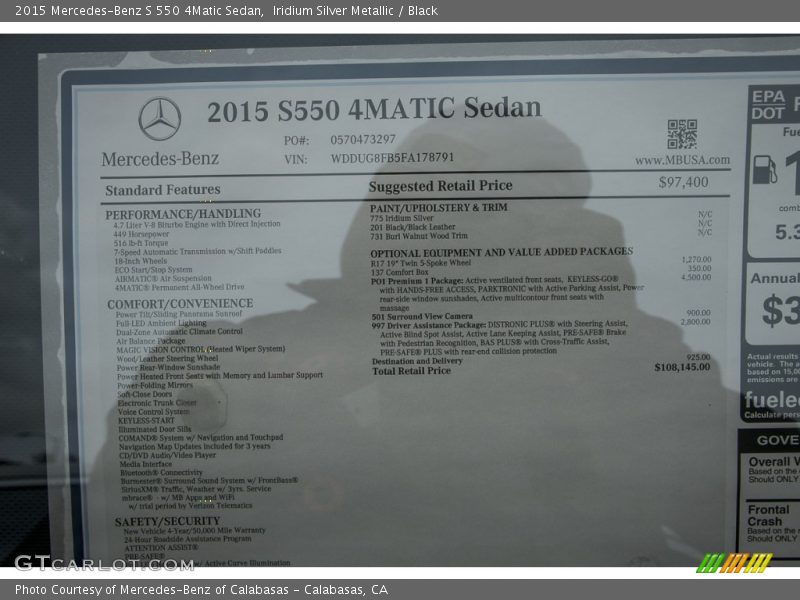 Iridium Silver Metallic / Black 2015 Mercedes-Benz S 550 4Matic Sedan