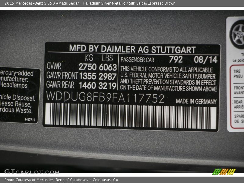 Palladium Silver Metallic / Silk Beige/Espresso Brown 2015 Mercedes-Benz S 550 4Matic Sedan