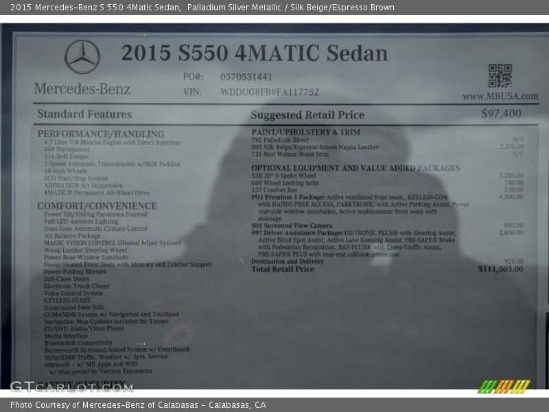 Palladium Silver Metallic / Silk Beige/Espresso Brown 2015 Mercedes-Benz S 550 4Matic Sedan
