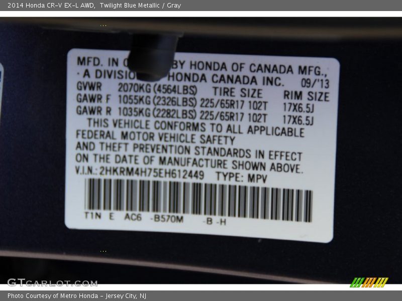 Twilight Blue Metallic / Gray 2014 Honda CR-V EX-L AWD