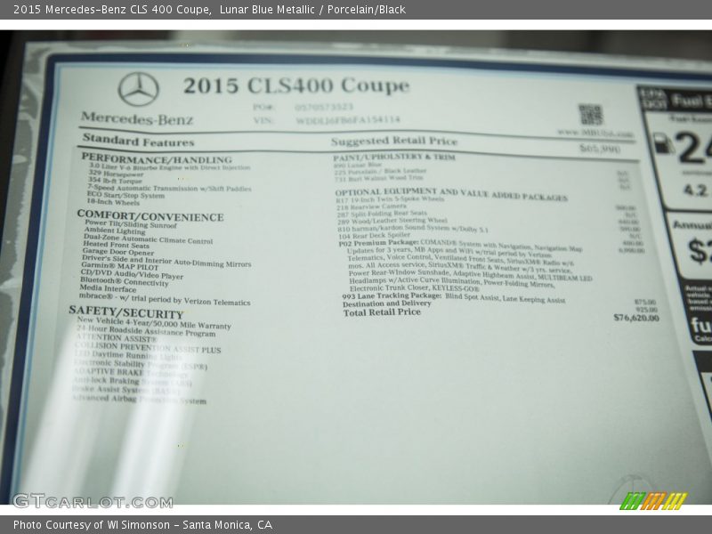 Lunar Blue Metallic / Porcelain/Black 2015 Mercedes-Benz CLS 400 Coupe