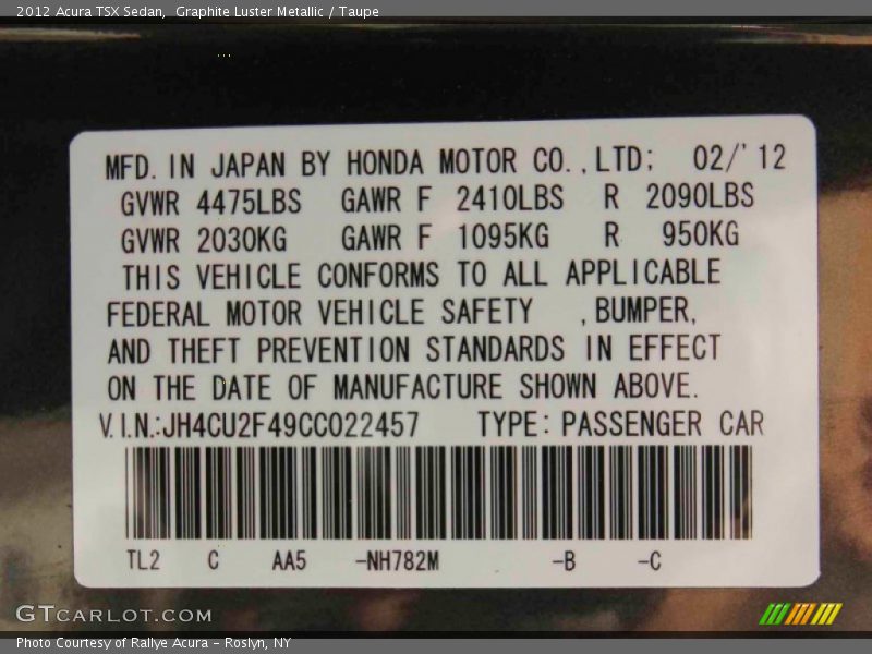 Graphite Luster Metallic / Taupe 2012 Acura TSX Sedan