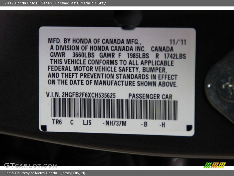 Polished Metal Metallic / Gray 2012 Honda Civic HF Sedan