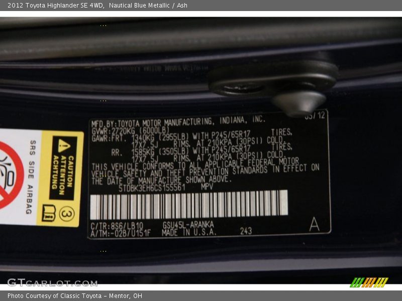 Nautical Blue Metallic / Ash 2012 Toyota Highlander SE 4WD