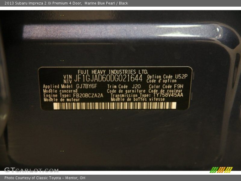 Marine Blue Pearl / Black 2013 Subaru Impreza 2.0i Premium 4 Door