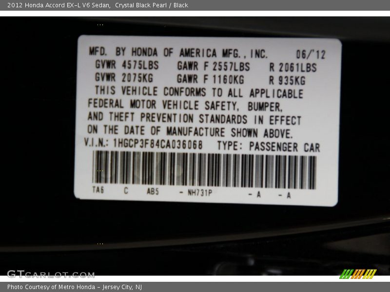 Crystal Black Pearl / Black 2012 Honda Accord EX-L V6 Sedan