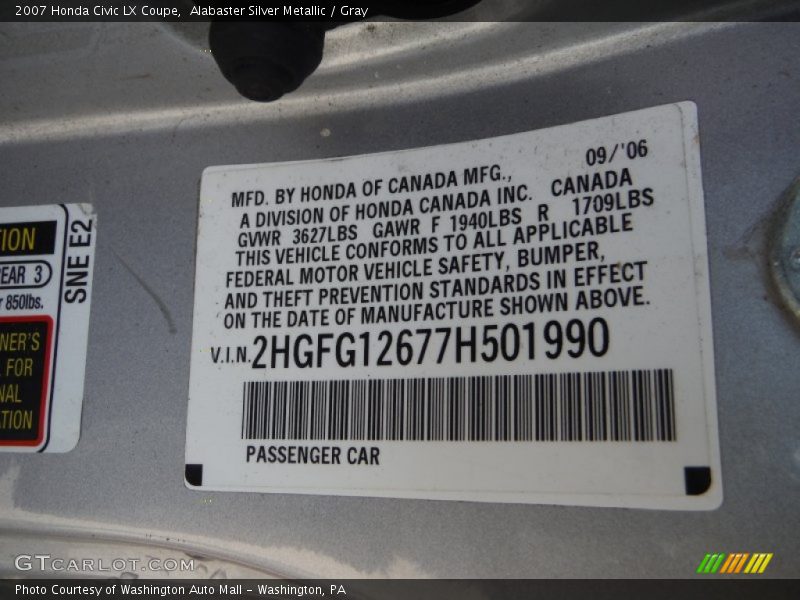 Alabaster Silver Metallic / Gray 2007 Honda Civic LX Coupe