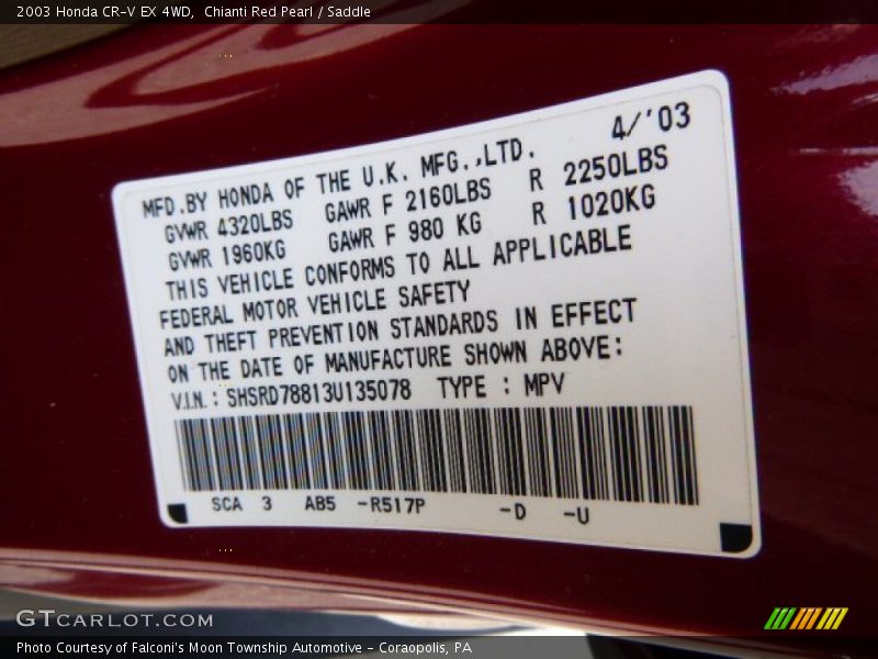 Chianti Red Pearl / Saddle 2003 Honda CR-V EX 4WD
