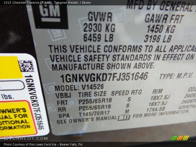 Tungsten Metallic / Ebony 2015 Chevrolet Traverse LT AWD