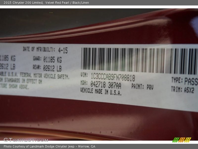 Velvet Red Pearl / Black/Linen 2015 Chrysler 200 Limited