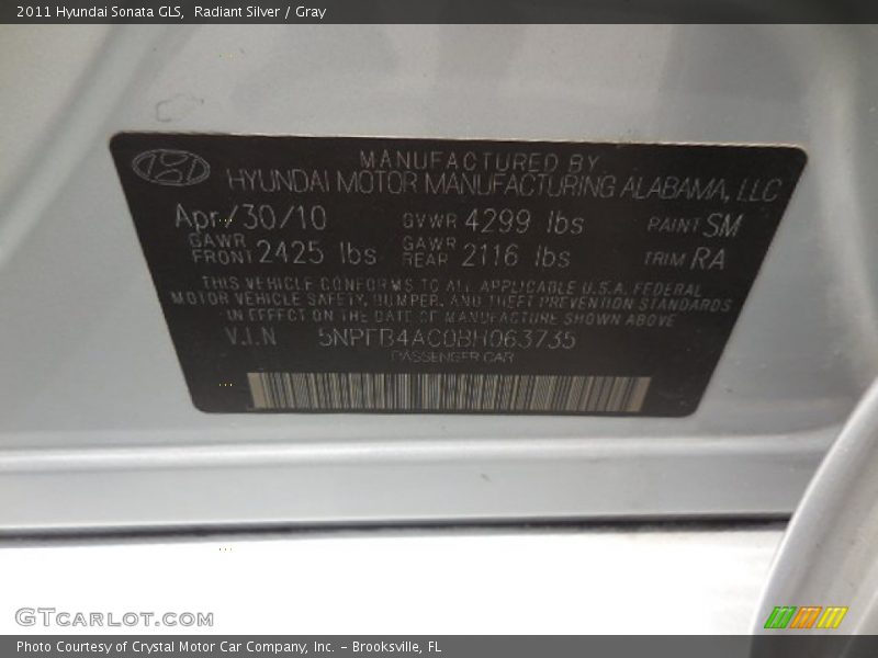 Radiant Silver / Gray 2011 Hyundai Sonata GLS