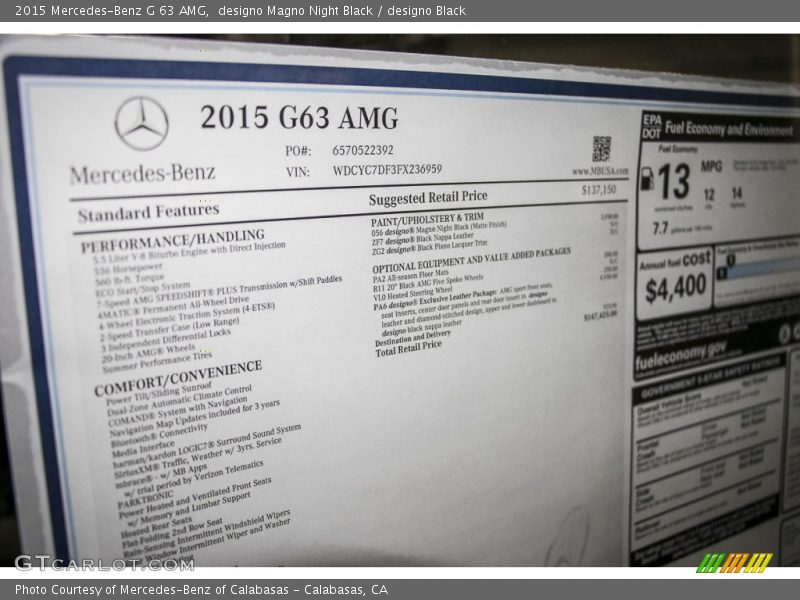  2015 G 63 AMG Window Sticker