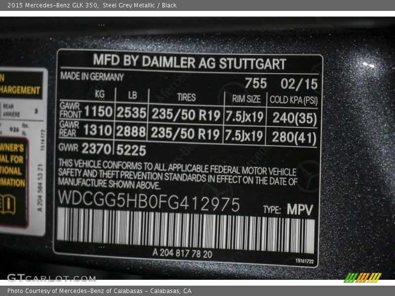 Steel Grey Metallic / Black 2015 Mercedes-Benz GLK 350
