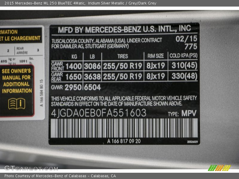 Iridium Silver Metallic / Grey/Dark Grey 2015 Mercedes-Benz ML 250 BlueTEC 4Matic