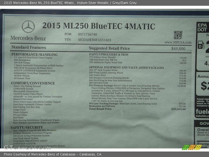 Iridium Silver Metallic / Grey/Dark Grey 2015 Mercedes-Benz ML 250 BlueTEC 4Matic