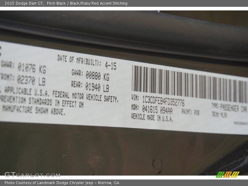 Pitch Black / Black/Ruby Red Accent Stitching 2015 Dodge Dart GT