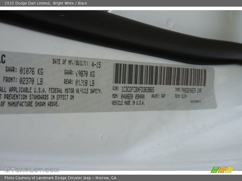 Bright White / Black 2015 Dodge Dart Limited