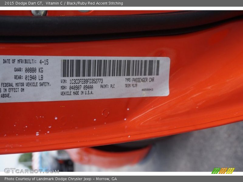 Vitamin C / Black/Ruby Red Accent Stitching 2015 Dodge Dart GT