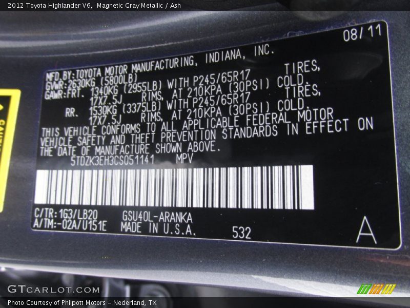 Magnetic Gray Metallic / Ash 2012 Toyota Highlander V6