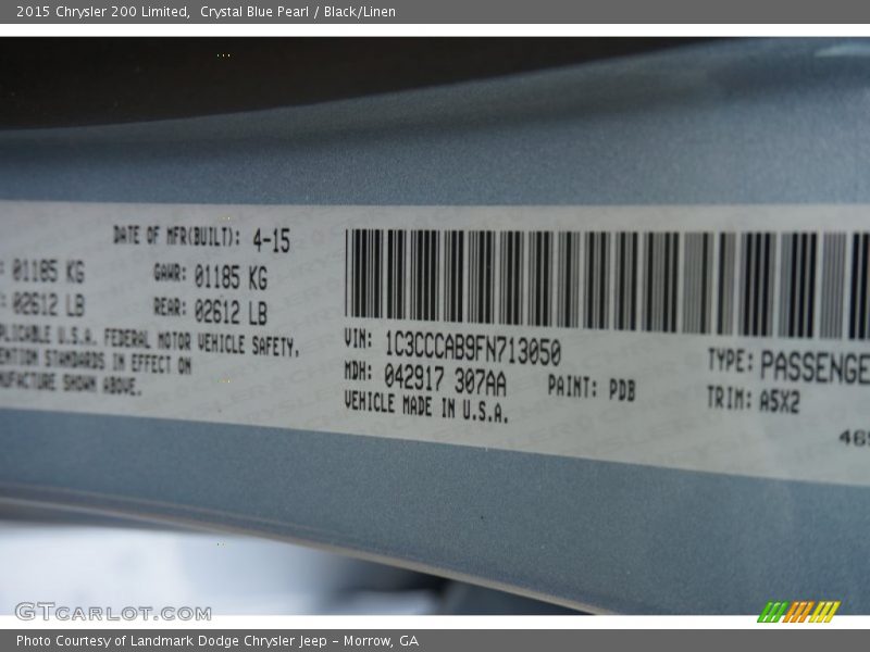 Crystal Blue Pearl / Black/Linen 2015 Chrysler 200 Limited
