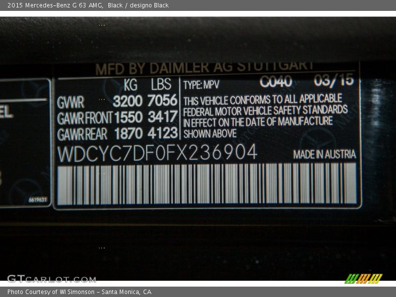 2015 G 63 AMG Black Color Code 040