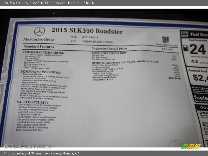  2015 SLK 350 Roadster Window Sticker