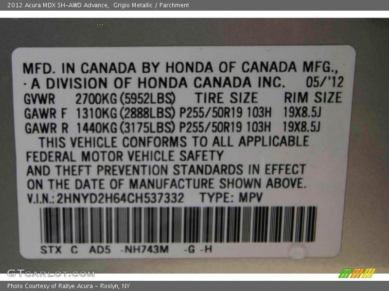 Grigio Metallic / Parchment 2012 Acura MDX SH-AWD Advance