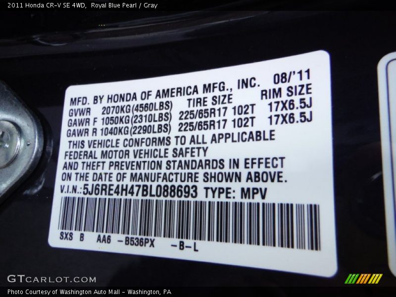 Royal Blue Pearl / Gray 2011 Honda CR-V SE 4WD