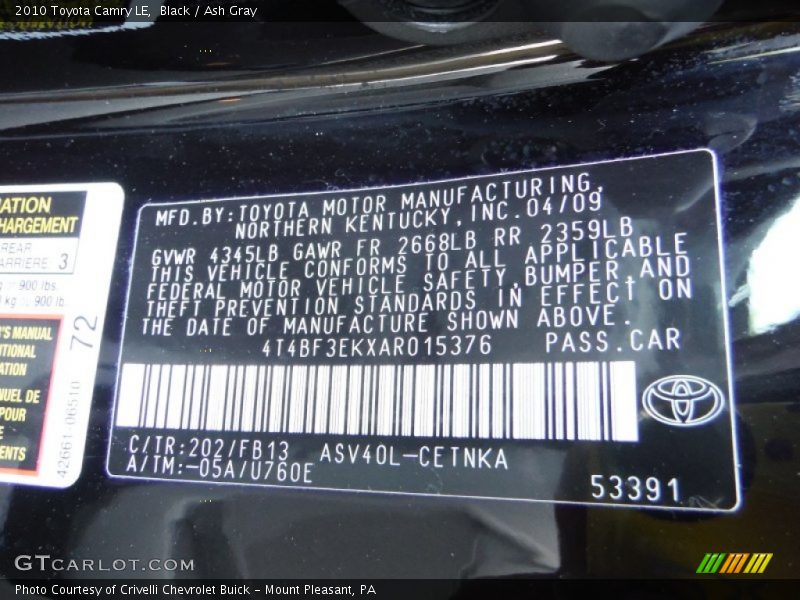 Black / Ash Gray 2010 Toyota Camry LE