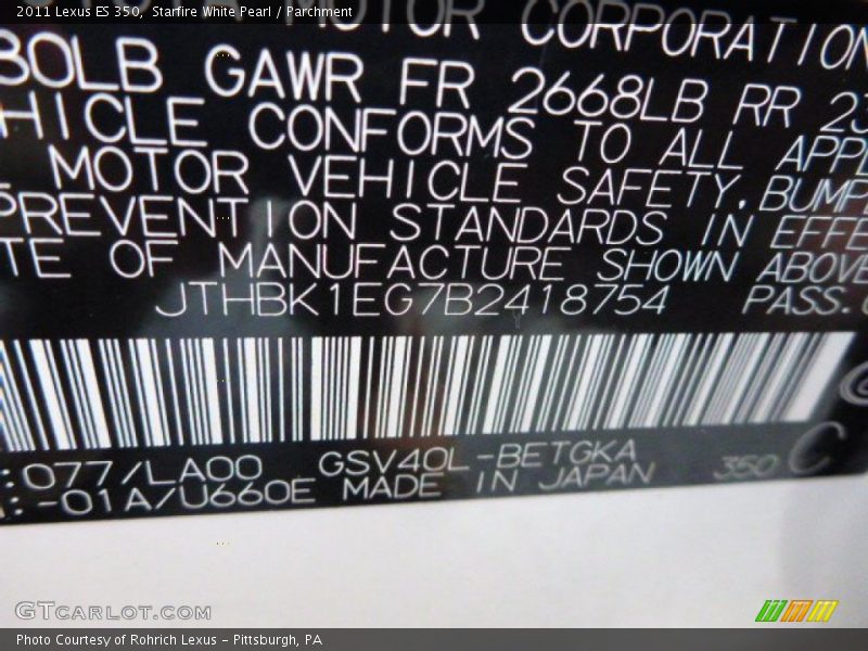 Starfire White Pearl / Parchment 2011 Lexus ES 350