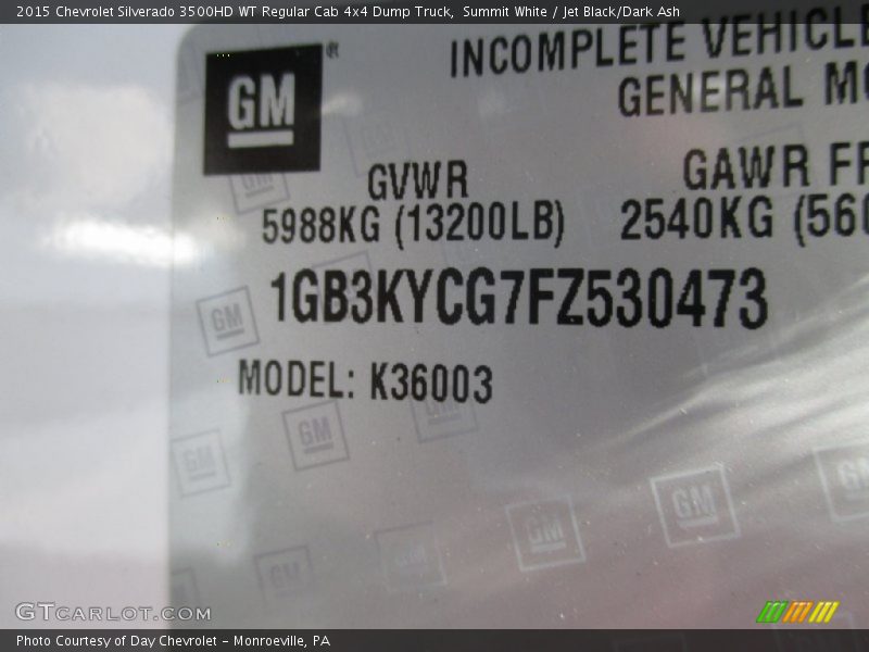 Summit White / Jet Black/Dark Ash 2015 Chevrolet Silverado 3500HD WT Regular Cab 4x4 Dump Truck