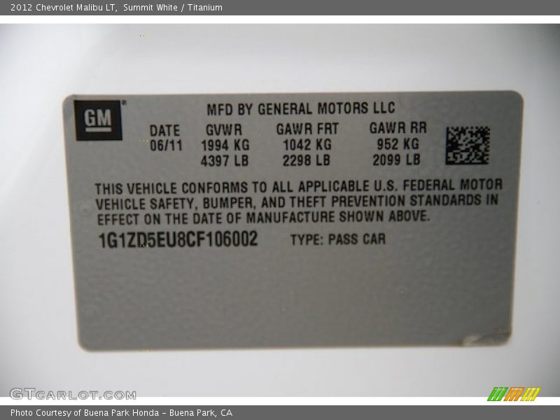 Summit White / Titanium 2012 Chevrolet Malibu LT