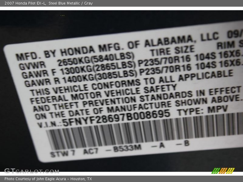 Steel Blue Metallic / Gray 2007 Honda Pilot EX-L