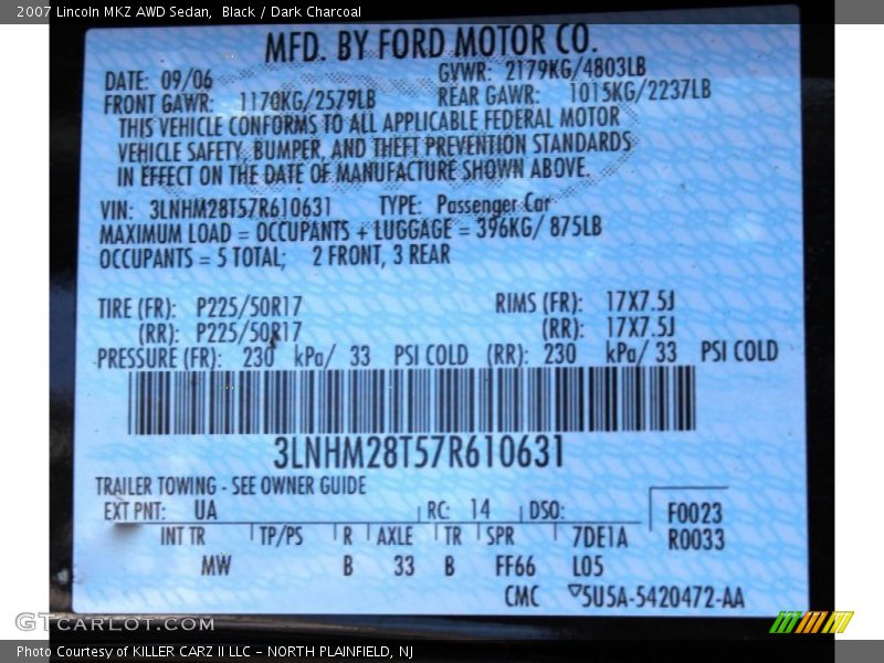 Black / Dark Charcoal 2007 Lincoln MKZ AWD Sedan