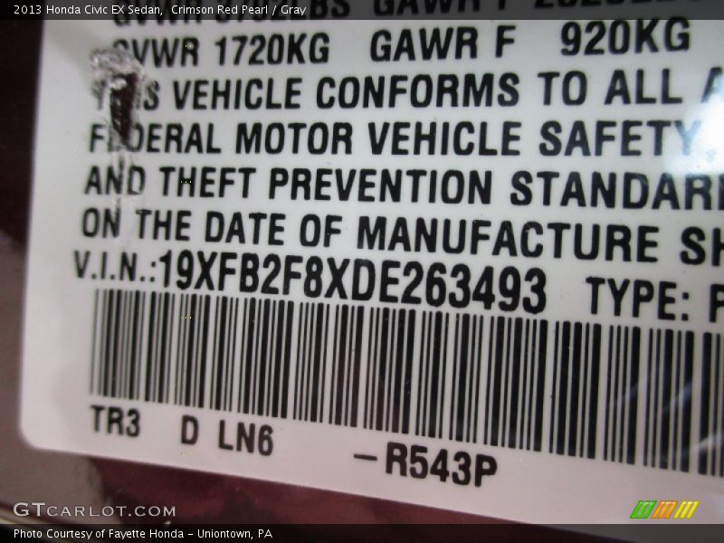 Crimson Red Pearl / Gray 2013 Honda Civic EX Sedan