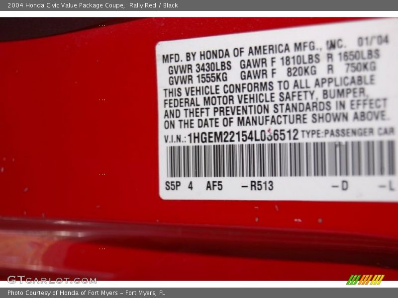 Rally Red / Black 2004 Honda Civic Value Package Coupe
