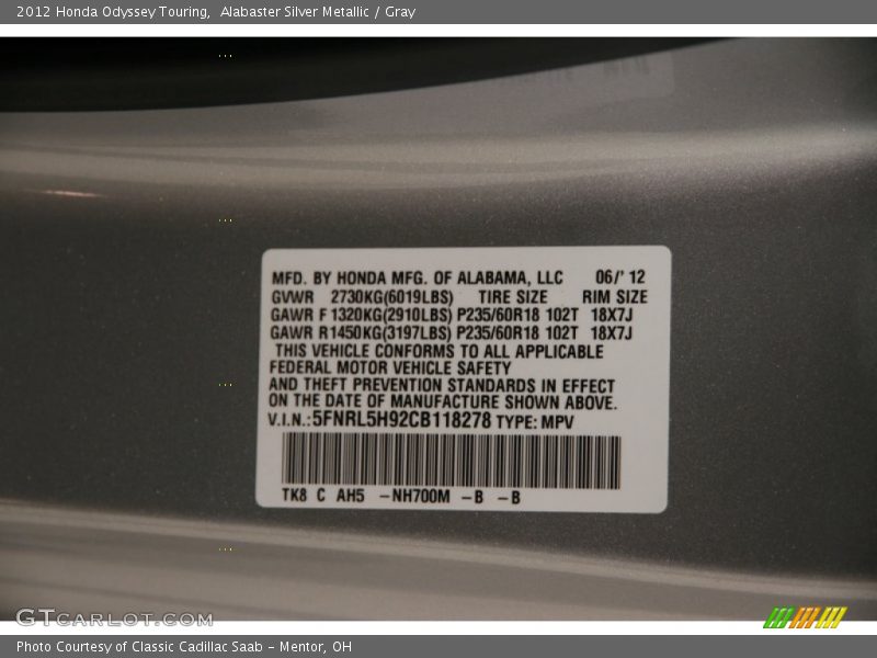 Alabaster Silver Metallic / Gray 2012 Honda Odyssey Touring