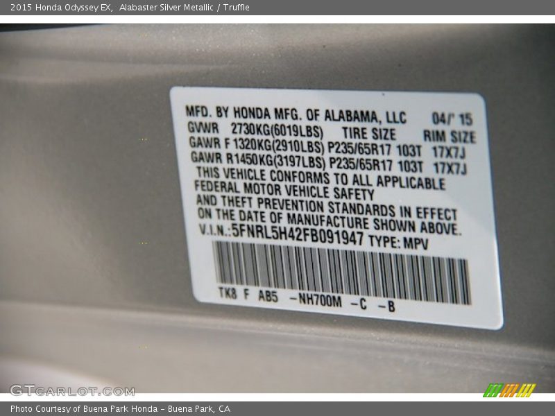 Alabaster Silver Metallic / Truffle 2015 Honda Odyssey EX