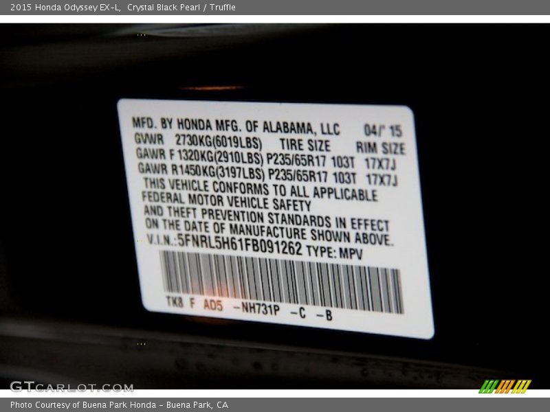 Crystal Black Pearl / Truffle 2015 Honda Odyssey EX-L