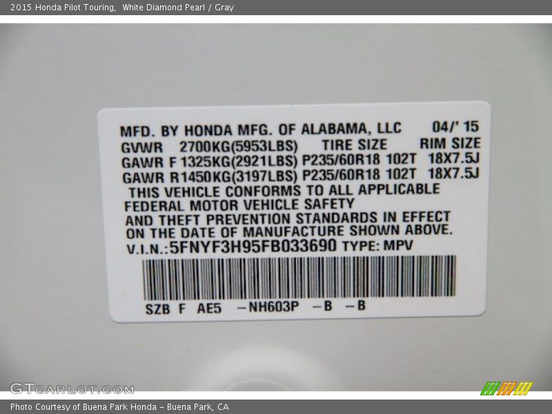 White Diamond Pearl / Gray 2015 Honda Pilot Touring